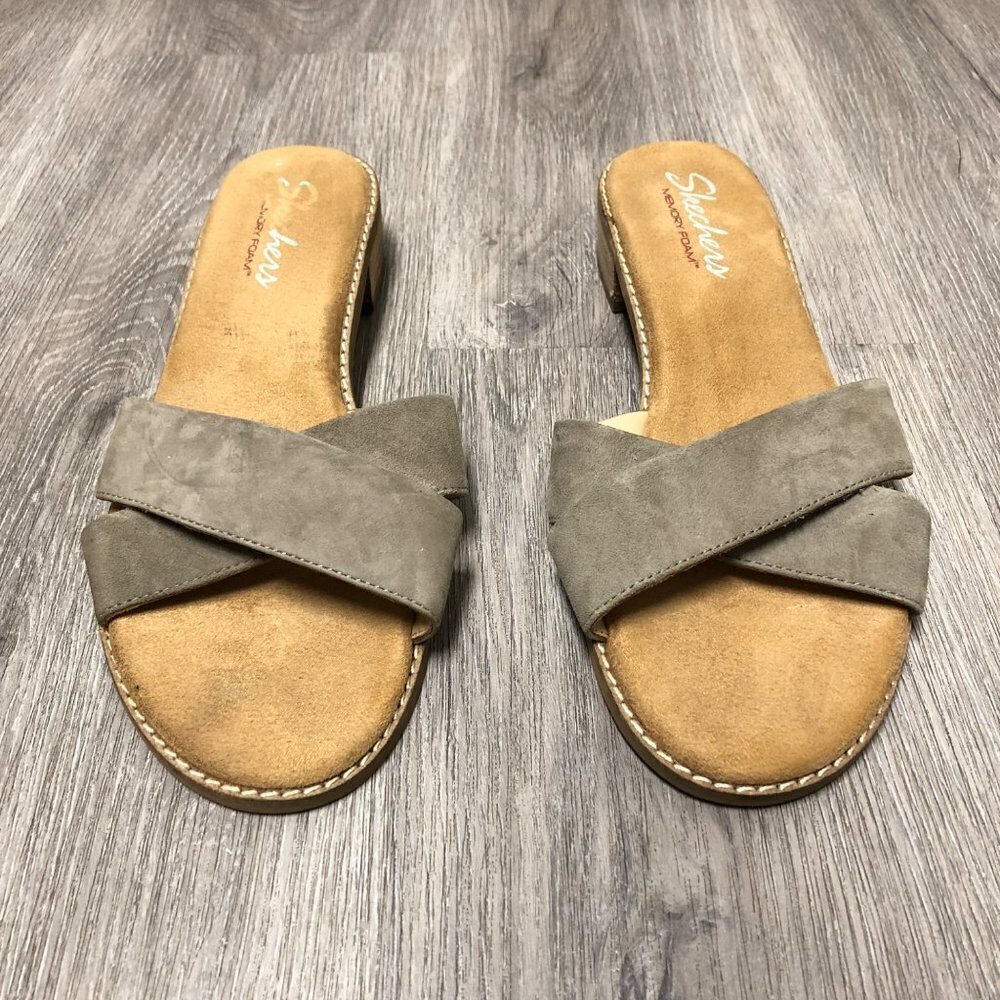 Skechers Women's Size 9 Sandals Genuine Suede Leather Tan Slide On Shoes